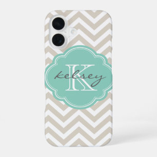 Funda Para iPhone 16 Monograma Personalizado Linen Beige y Aqua Chevron