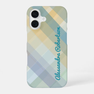 Funda Para iPhone 16 Monograma Plaid Pastel Azul Verde azulado Amarillo