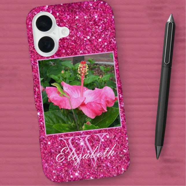 Funda Para iPhone 16 Monograma Purpurina Rosa Girona Foto personal (Custom photo monogram template phone case)