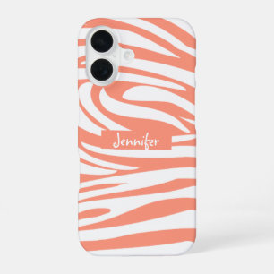 Funda Para iPhone 16 Monograma Rosa Coral Rayado Patrón de Cebra Modern