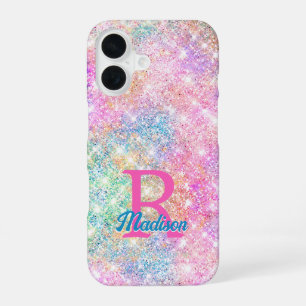 Funda Para iPhone 16 Monograma rosa de purpurina falsa iridiscente lind