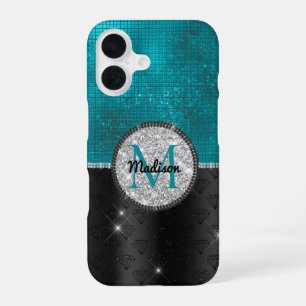 Funda Para iPhone 16 Monograma turquesa negro Purpurina de moda falso p