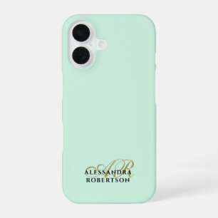 Funda Para iPhone 16 Monograma verde pastel Oro Negro Minimalista Simpl