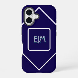 Funda Para iPhone 16 Monogramado de azul geométrico y blanco de moda