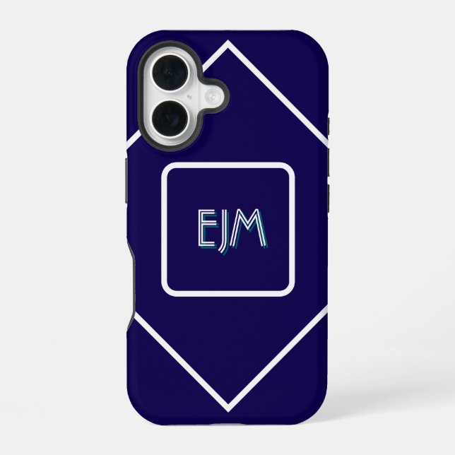 Funda Para iPhone 16 Monogramado de azul geométrico y blanco de moda (Reverso )