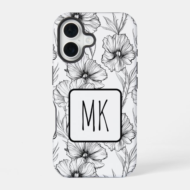 Funda Para iPhone 16 Monogramado floral blanco y negro moderno (Reverso )