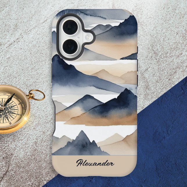 Funda Para iPhone 16 Montañas Acuarela Nombre Personalizado (A phone case with mountains design in a watercolor style, personalized with a name in a script font)