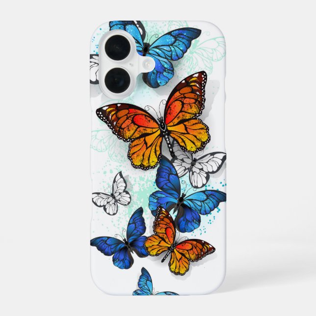 Funda Para iPhone 16 Morfo y monarca de las mariposas voladoras (Reverso )