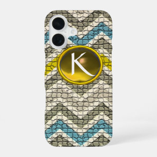FUNDA PARA iPhone 16 MOSAICO DE CHEVRONES BLANCOS AMARILLOS GRISES Y AZ