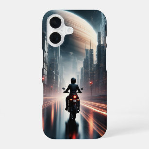 Funda Para iPhone 16 Motociclista conduciendo en una ciudad futurista c
