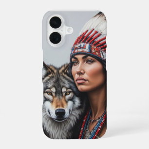 Funda Para iPhone 16 Mujer india nativa americana con lobo