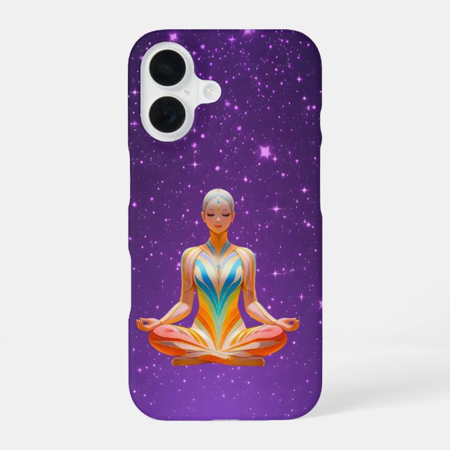 Funda Para iPhone 16 Mujer meditadora y cielo púrpura estrellado (Reverso )