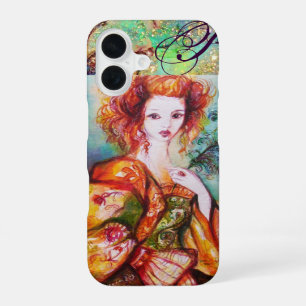 FUNDA PARA iPhone 16 MUJER ROMÁNTICA CON PLUMA DE PAVO REAL BRILLANTE