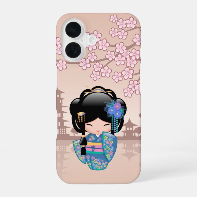 Funda Para iPhone 16 Muñeca Keiko Kokeshi - Chica de Kimono azul Geisha (Reverso )