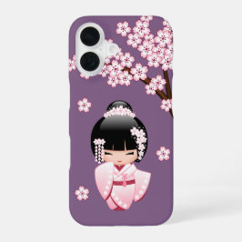 Funda Para iPhone 16 Muñeca Kokeshi de Kimono Rosa sobre Fondo Púrpura