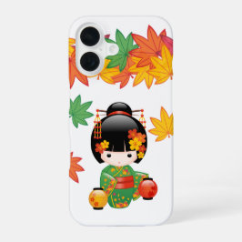 Funda Para iPhone 16 Muñeca Kokeshi de Kimono Verde Otoñal Hojas de Arc