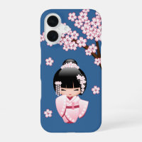 Muñeca Kokeshi Kawaii de Kimono Rosa sobre Azul