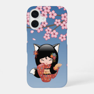 Funda Para iPhone 16 Muñeca Kokeshi Kitsune - Chica Geisha Zorro Negro