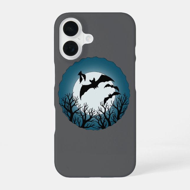 Funda Para iPhone 16 Murciélagos y árboles contra la luna (Reverso )