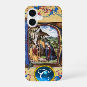 FUNDA PARA iPhone 16 NATIVIDAD PARCHE DE NAVIDAD AZUL GEM MONOGRAMA