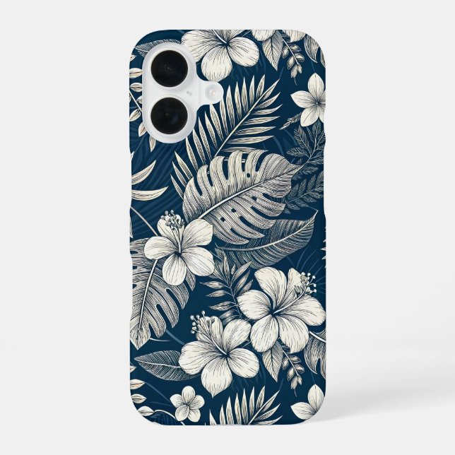 Funda Para iPhone 16 Navy Blue Hibiscus Monstera Tropical Botanical (Reverso )
