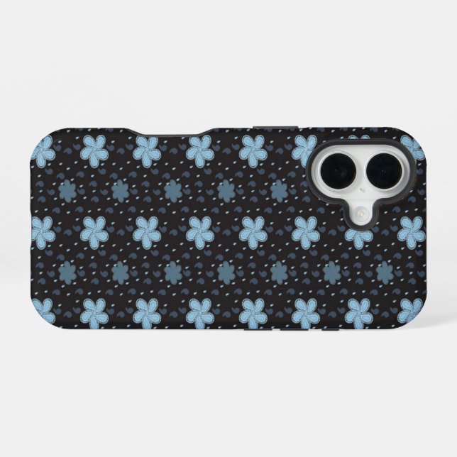 Funda Para iPhone 16 Negro con azul Paisley Flores iPhone 16 Funda (Reverso Horizontal)