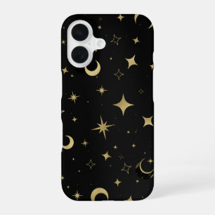 Funda Para iPhone 16 Negro y oro moderno estrellas luna celeste