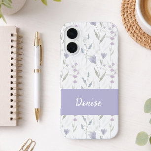 Funda Para iPhone 16 Nombre de flor silvestre acuarela púrpura azul