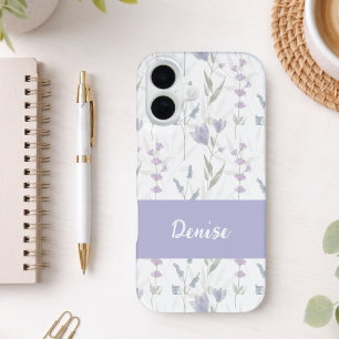 Funda Para iPhone 16 Nombre de flor silvestre acuarela púrpura azul