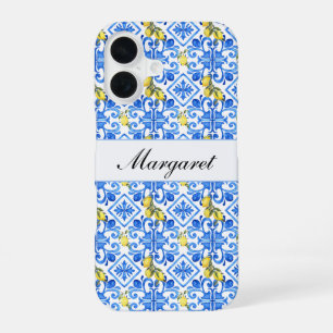 Funda Para iPhone 16 Nombre de monograma de acuarela de baldosa azul li