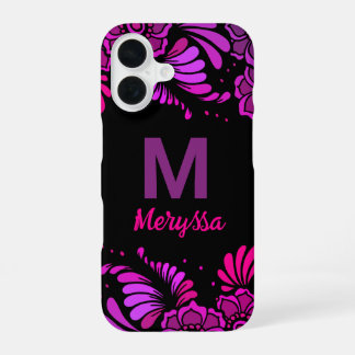 Funda Para iPhone 16 Nombre de monograma morado negro magenta rosa cali
