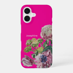 Funda Para iPhone 16 Nombre de monograma rosa caliente floral en acuare