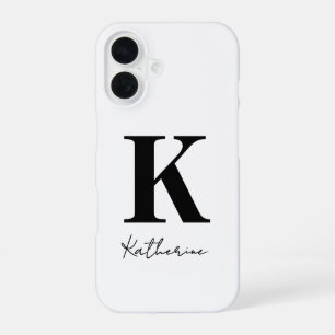 Funda Para iPhone 16 Nombre moderno Inicial Blanco Negro Personalizar