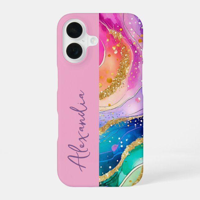 Funda Para iPhone 16 Nombre personal rosa arco iris (Reverso )