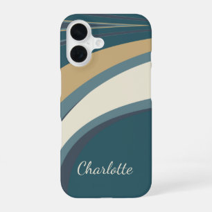 Funda Para iPhone 16 Nombre Personalizado Curvas Abstractas Retro Beige