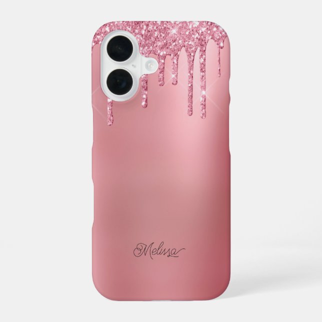 Funda Para iPhone 16 Nombre personalizado del Purpurina de goteo rosado (Reverso )