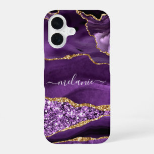 Funda Para iPhone 16 Nombre personalizado Glitter Morado Dorado