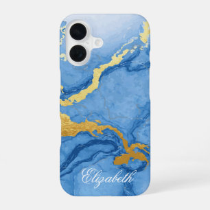 Funda Para iPhone 16 Nombre personalizado Marble azul claro y oro