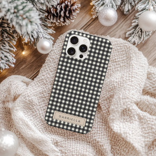 Funda Para iPhone 16 Nombre Personalizado Negro Gingham de Cuadros Chic
