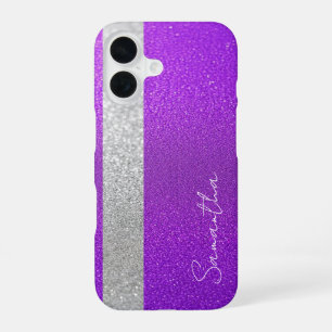 Funda Para iPhone 16 Nombre personalizado Purpurina morado y plateado