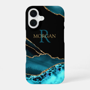 Funda Para iPhone 16 Nombre y Monograma Verde Azulado Agata Negra, Text