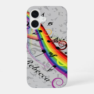 Funda Para iPhone 16 Notas musicales del arcoiris negro sobre gris