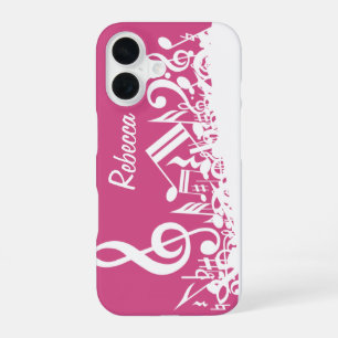 Funda Para iPhone 16 Notas Musicales Personalizadas Rosa Fucsia y Blanc