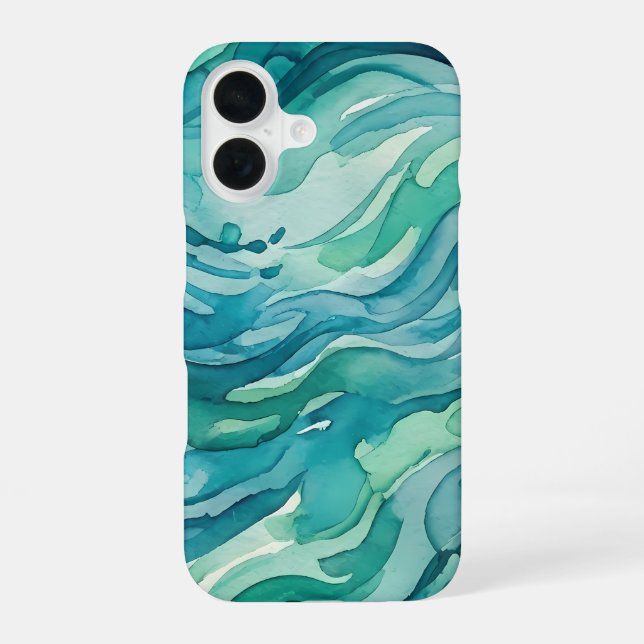 Funda Para iPhone 16 Olas de océano acuarela azul verdoso (Reverso )