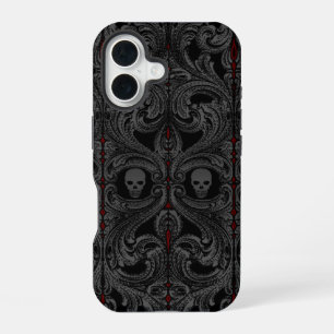 Funda Para iPhone 16 Ornamento gris gótico con cráneo