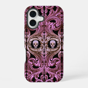 Funda Para iPhone 16 Ornamento rosa gótico con cráneo
