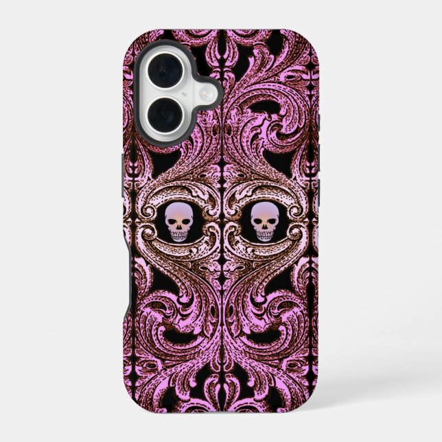 Funda Para iPhone 16 Ornamento rosa gótico con cráneo (Reverso )