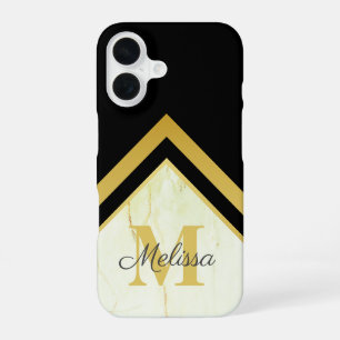 Funda Para iPhone 16 Oro Negro Monograma Geométrico Mármol