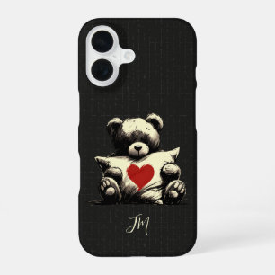Funda Para iPhone 16 Oso de Teddy negro lindo Monograma Corazón de almo
