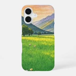 Funda Para iPhone 16 Paisaje montañoso de puesta de sol en acuarela